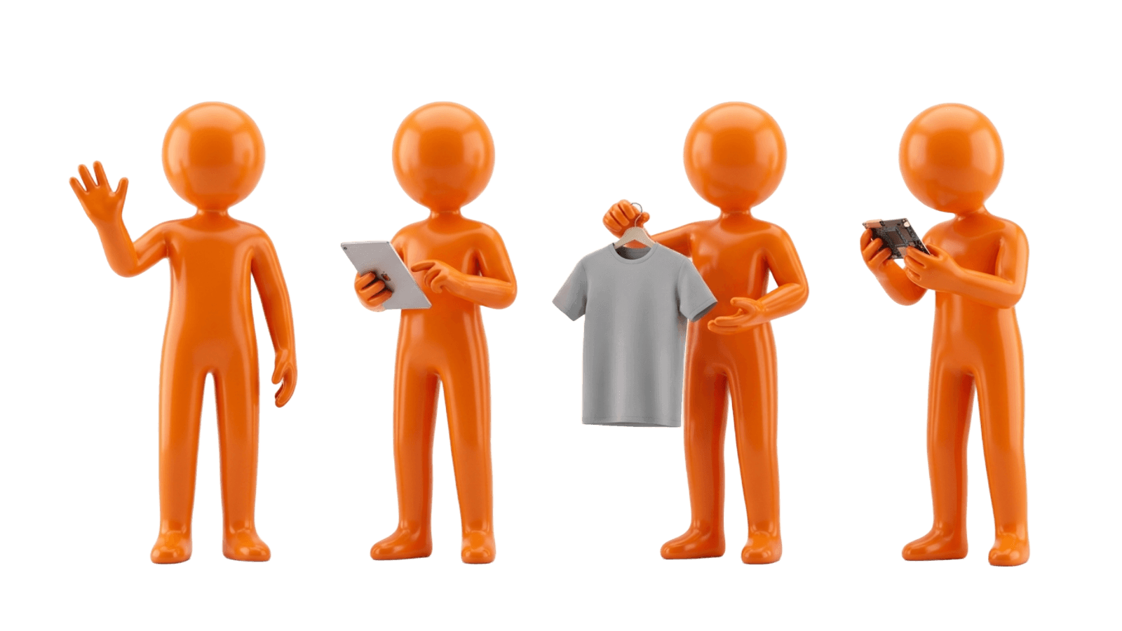 Friendly၊ Professional၊ Fashion နဲ့ Technical Persona လေးမျိုးကို ကိုယ်စားပြုတဲ့ လိမ္မော်ရောင် 3D ဇာတ်ကောင်လေးများ