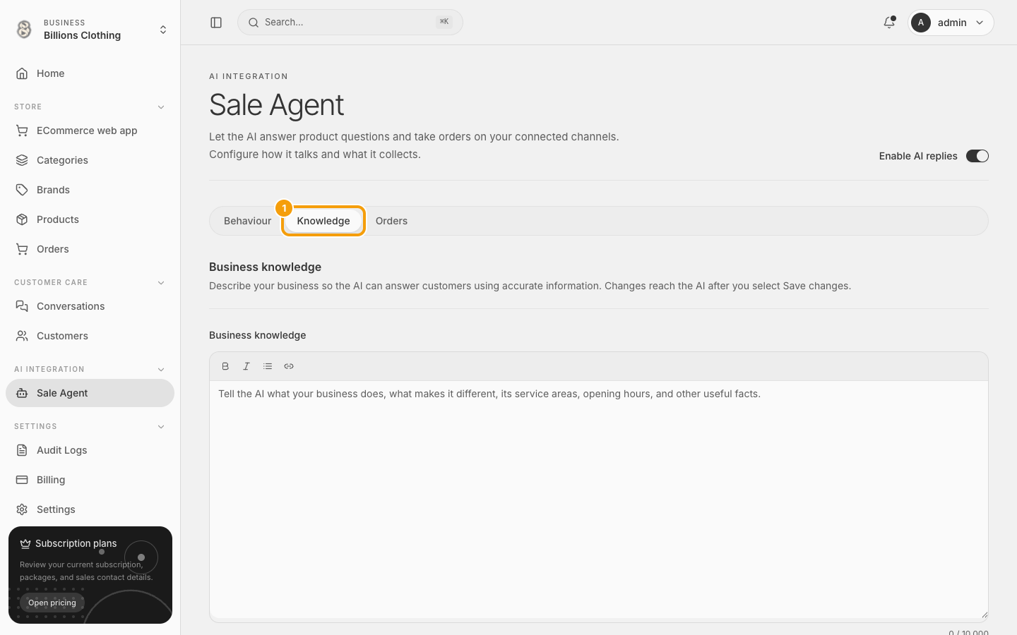 Sale Agent မှာ Knowledge ခလုတ်ကို highlight ပြထားပုံ