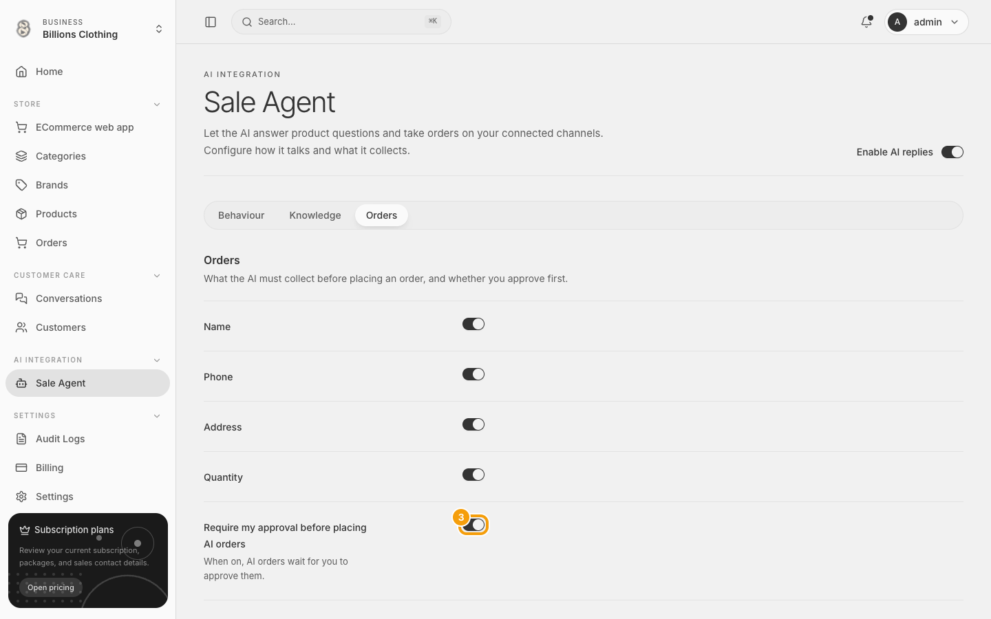 ဖွင့်ထားတဲ့ Require order approval Switch ကို highlight ပြထားပုံ