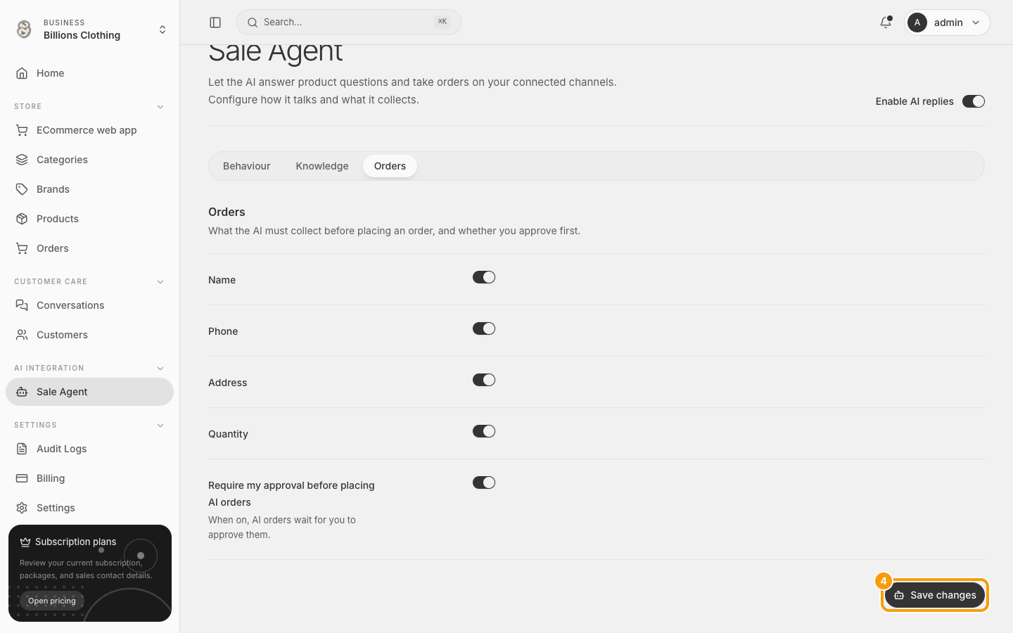 Order setting သိမ်းဖို့ Save changes ခလုတ်ကို highlight ပြထားပုံ