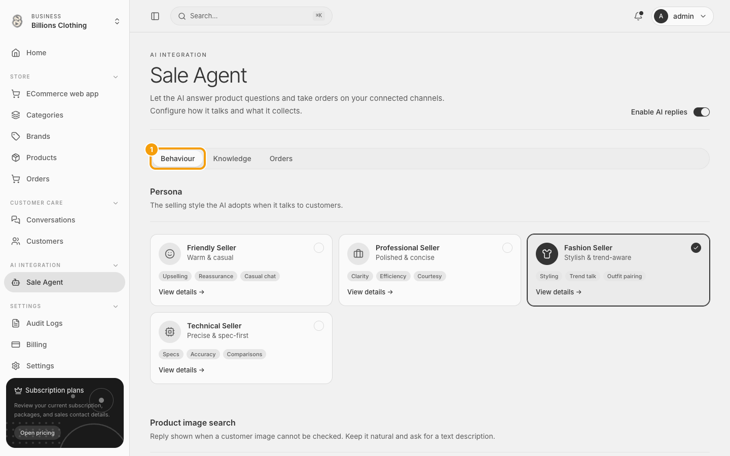 Sale Agent မှာ Behaviour ခလုတ်ကို highlight ပြထားပုံ