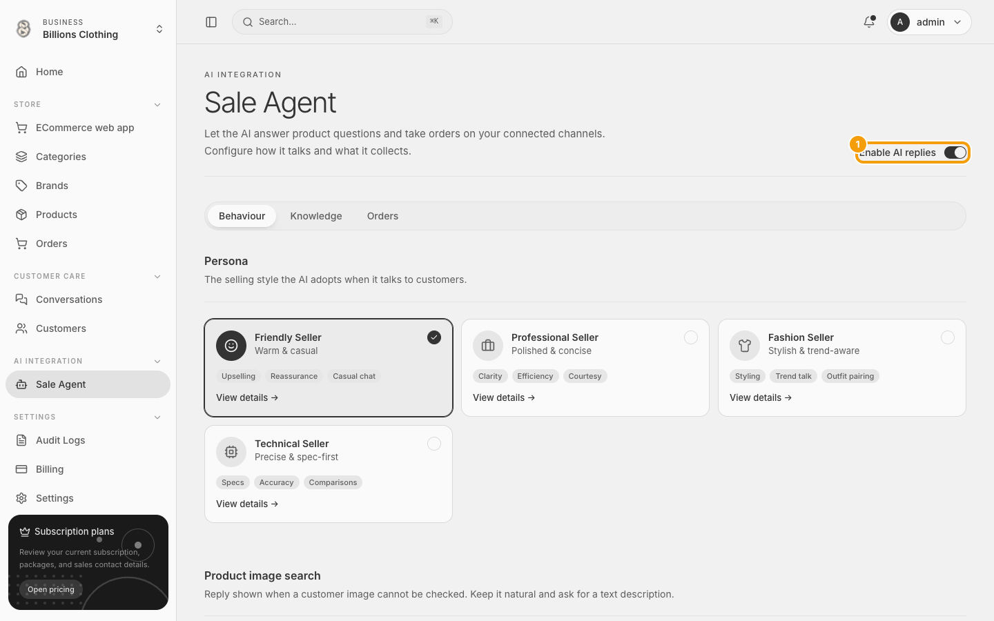 Sale Agent မှာ ဖွင့်ထားတဲ့ Enable AI replies switch နဲ့ label ကို highlight ပြထားပုံ