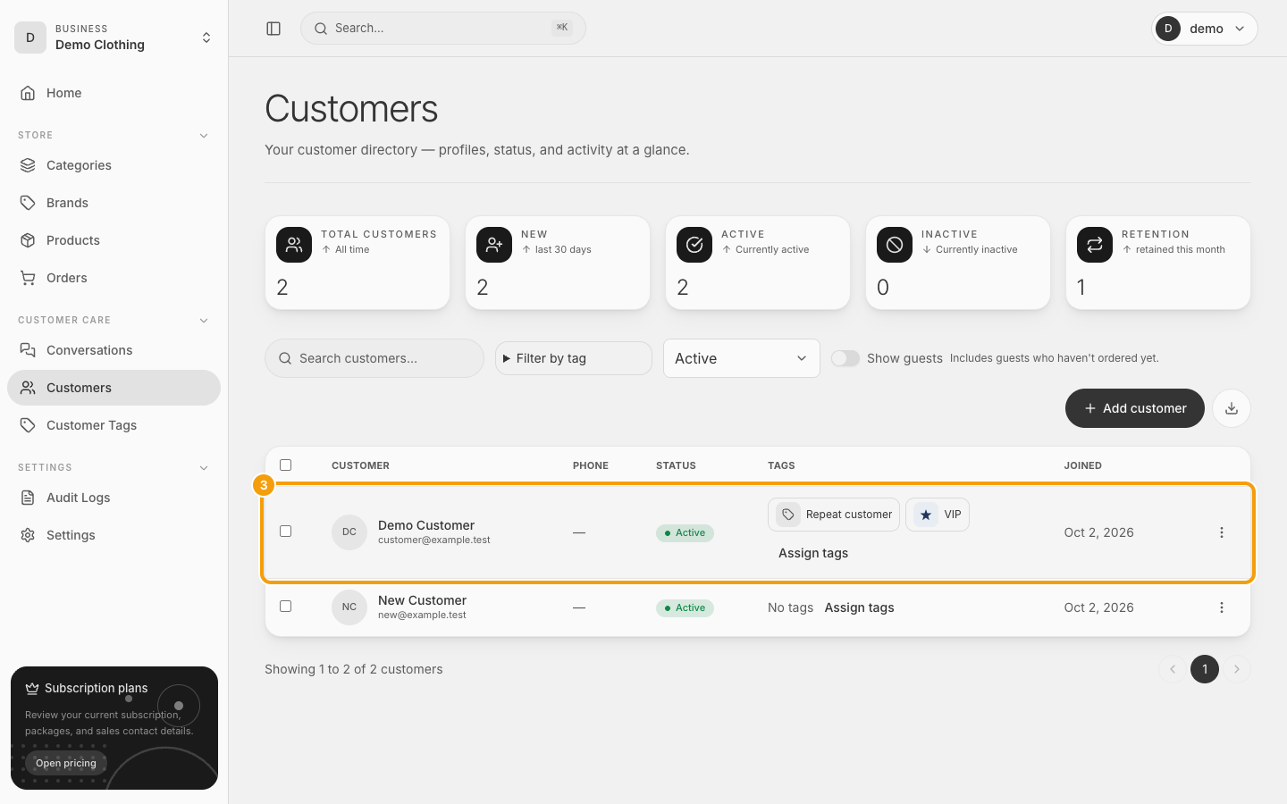 Demo Customer ရဲ့ Tags column မှာ Repeat customer နဲ့ VIP ကို သိမ်းပြီး ပြထားပုံ
