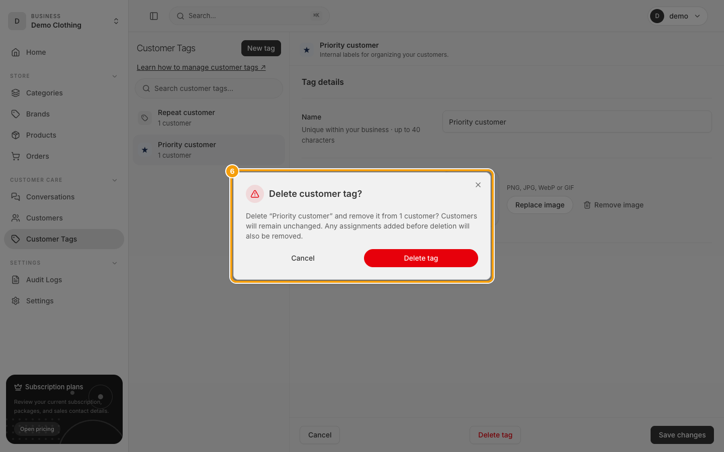Priority customer Tag ကို ဖျက်ရင် Customer တစ်ယောက်ဆီက ဖြုတ်မယ်ဆိုတဲ့ အတည်ပြုသတိပေးချက်
