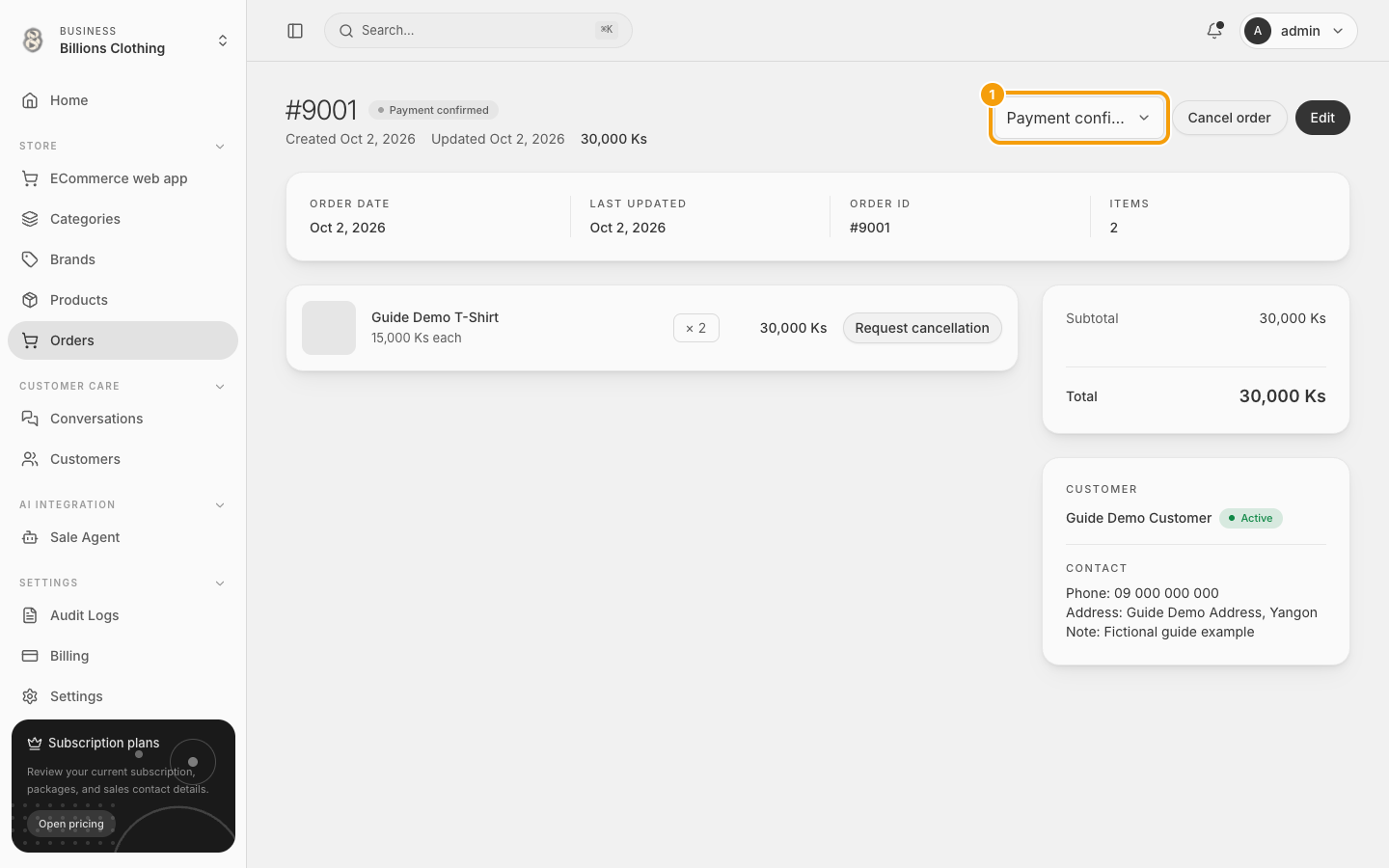 နမူနာ Order အသေးစိတ်ရဲ့ Payment confirmed Status ကို highlight ပြထားပုံ