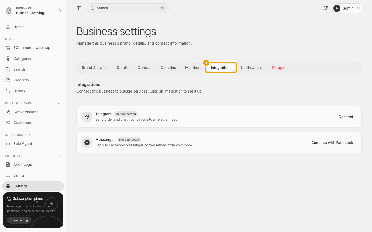 Business settings မှာ Integrations ခလုတ်ကို highlight ပြထားပုံ