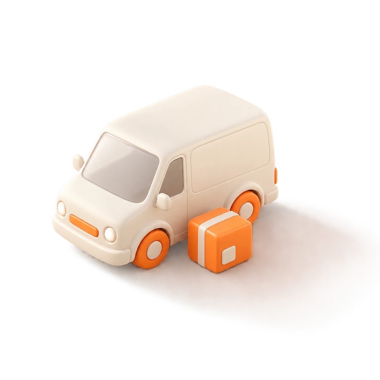 a small ivory delivery van with orange wheels and an orange parcel